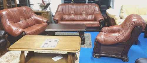 Wypoczynki Carmen 3+2+1 ze skóry, eleganckie i solidne, w kolorze S-71 drewno